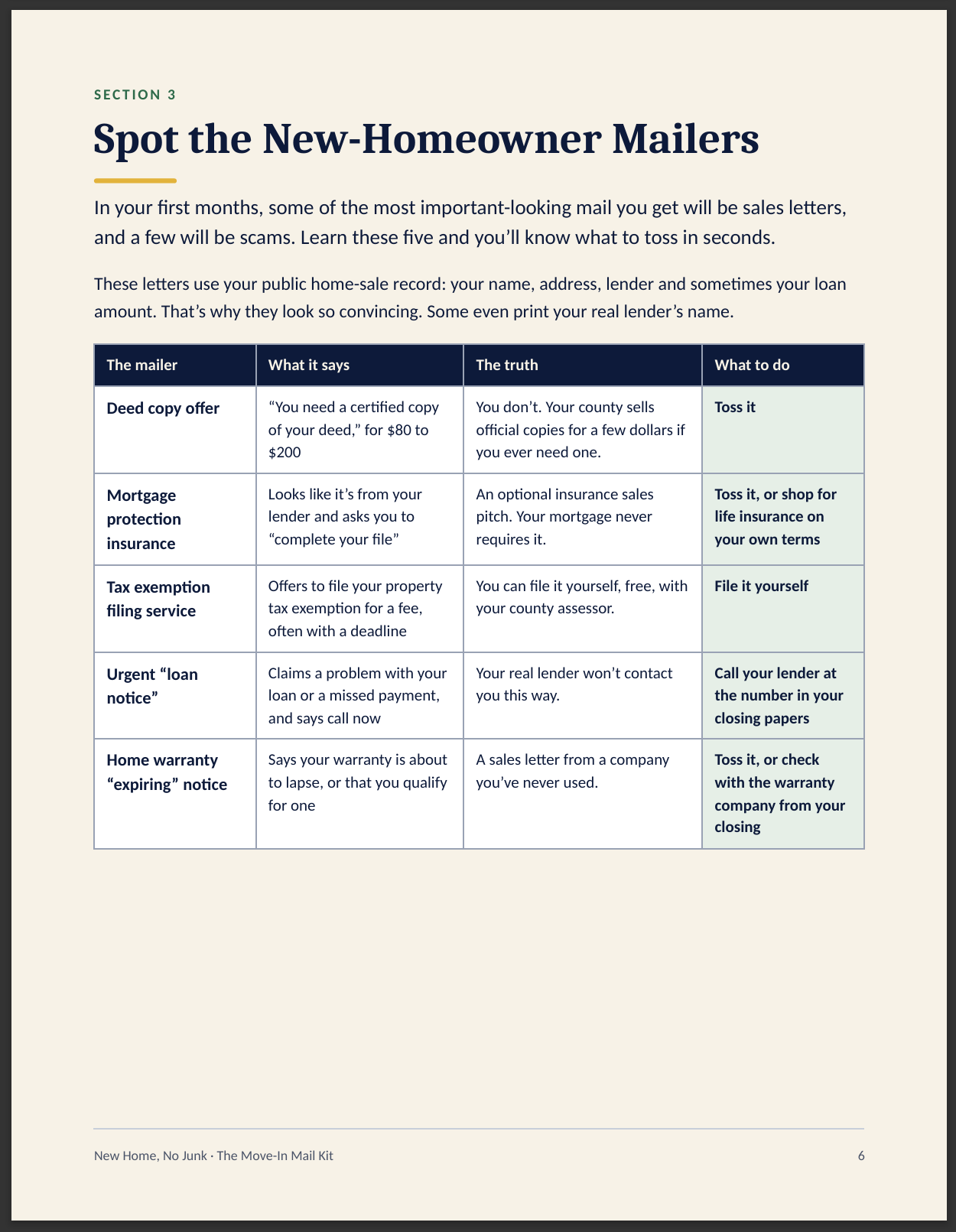 Sample page explaining how to spot new-homeowner mailers