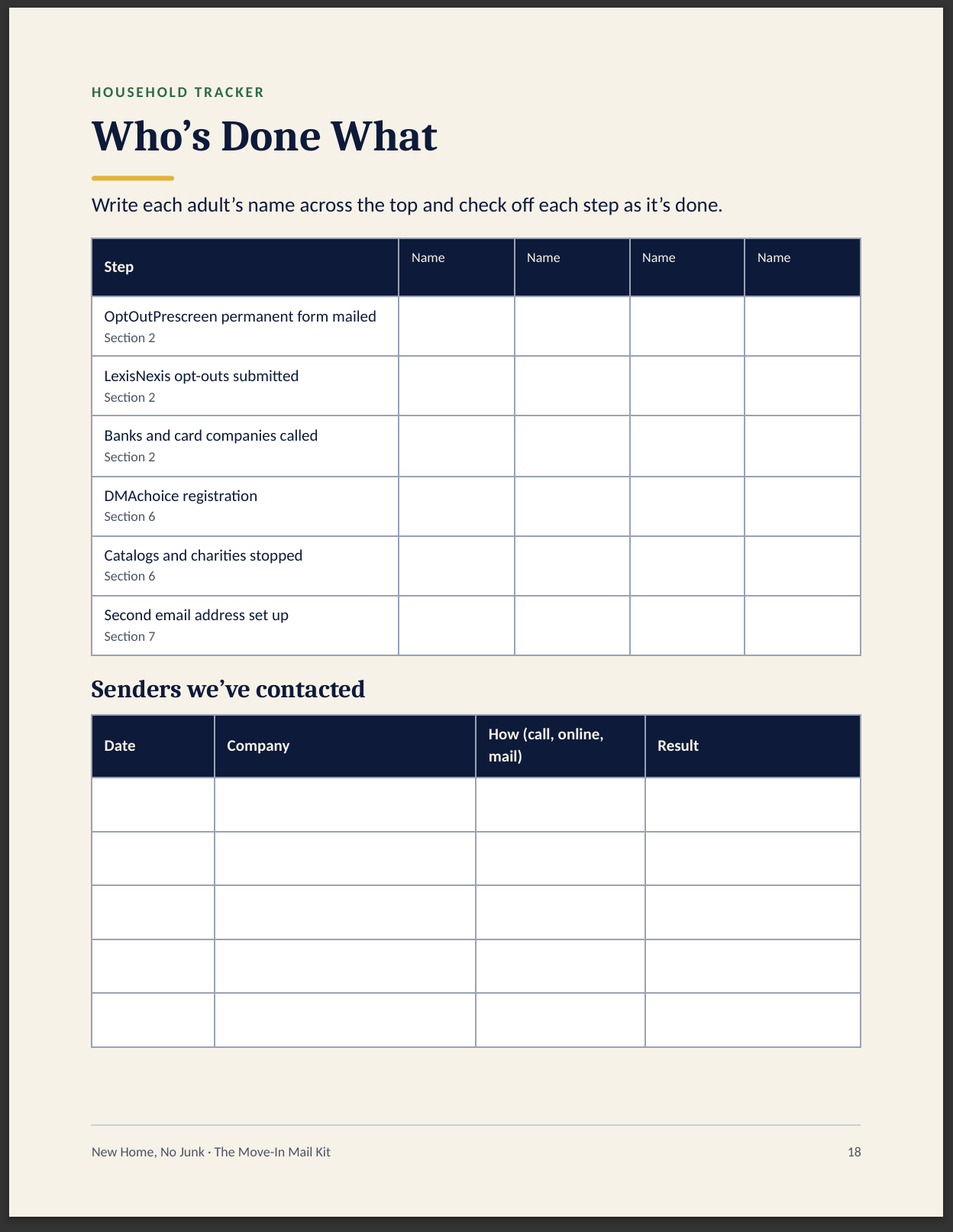 Sample household tracker page