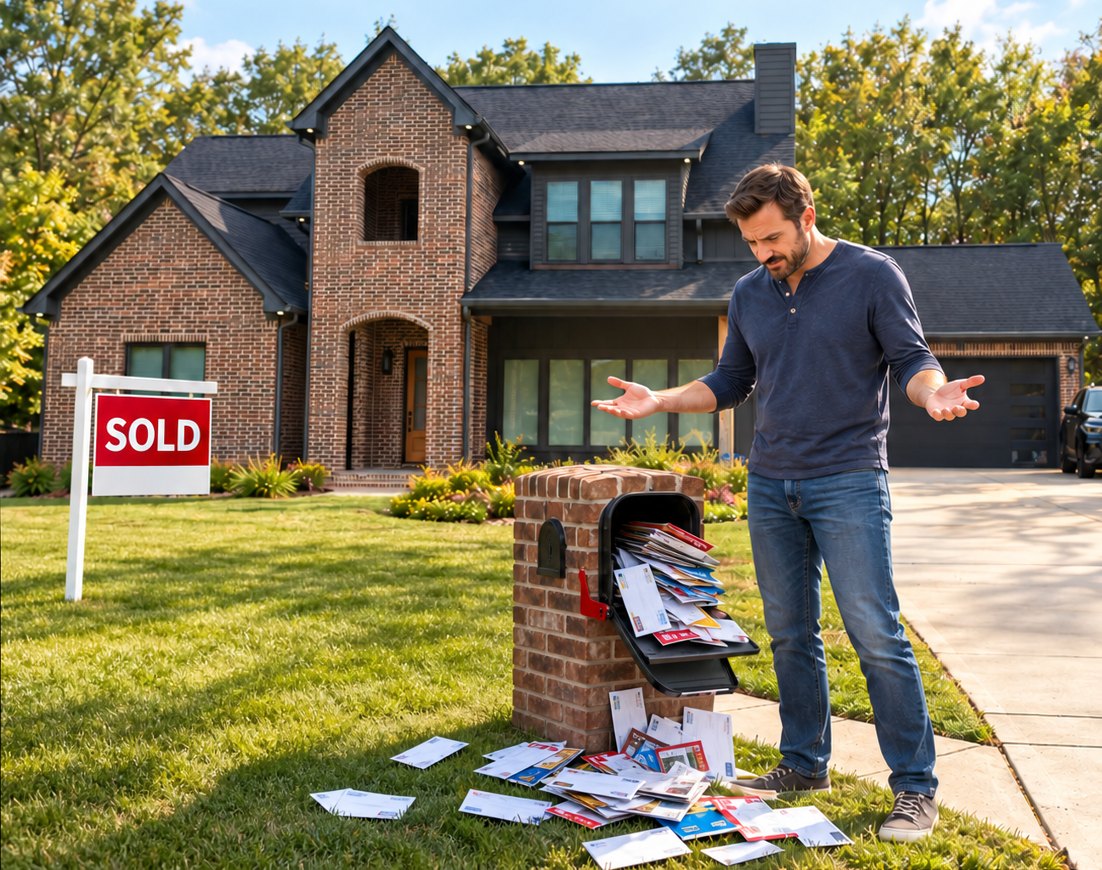 Homeowner standing next to an overflowing mailbox in front of a house with a SOLD sign